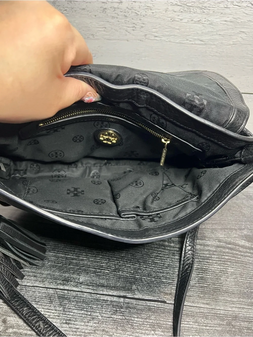 Tory Burch Black Pebbled Leather Logo Crossbody